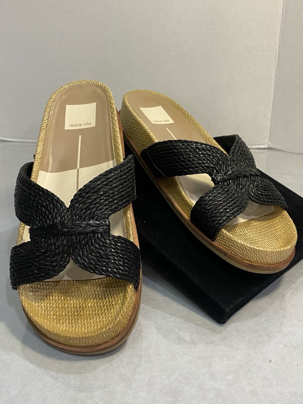 Dolce Vita Selda Raffia Slide Sandals Black Natural Women’s Size 8